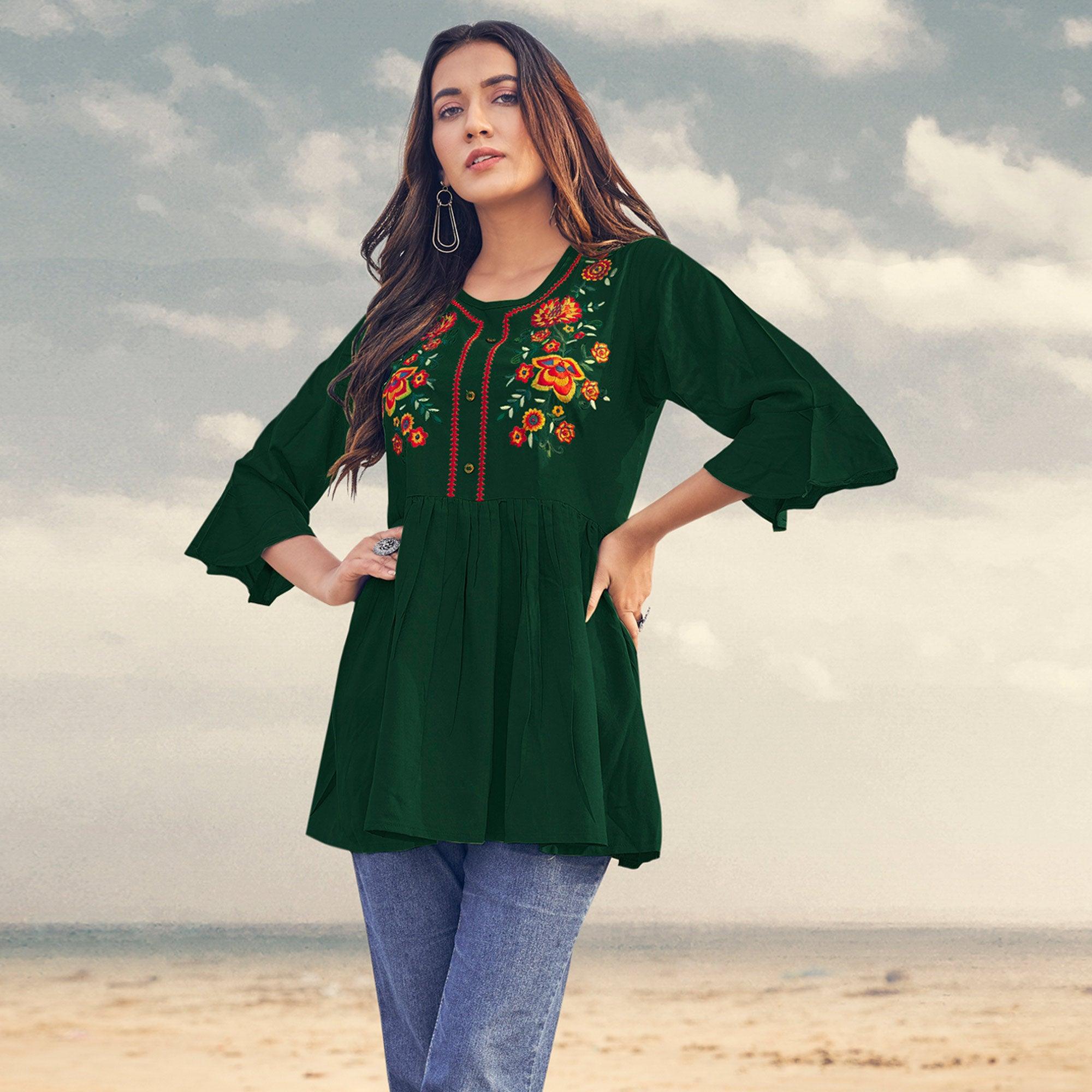 Green Casual Wear Floral Embroidered Rayon Top - Peachmode