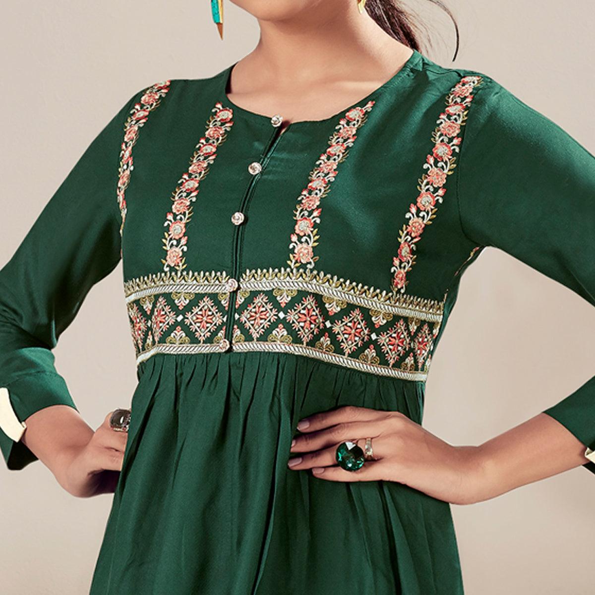 Green Casual Wear Floral Embroidered Rayon Top - Peachmode