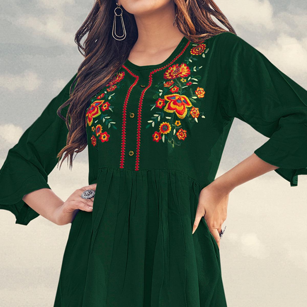 Green Casual Wear Floral Embroidered Rayon Top - Peachmode