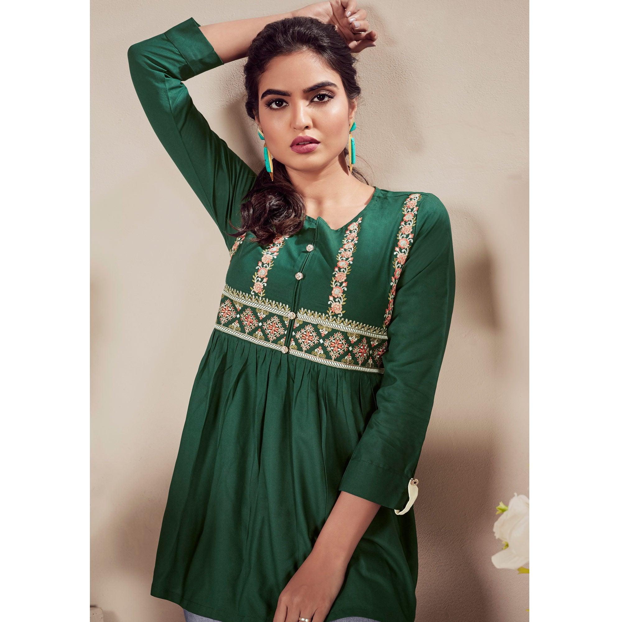 Green Casual Wear Floral Embroidered Rayon Top - Peachmode