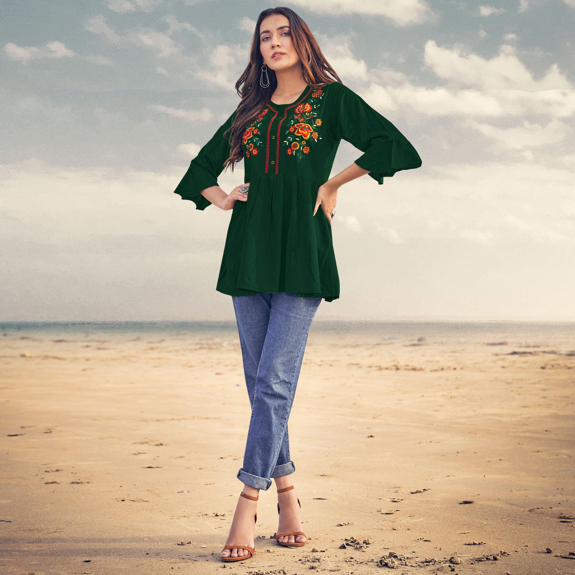 Green Casual Wear Floral Embroidered Rayon Top - Peachmode