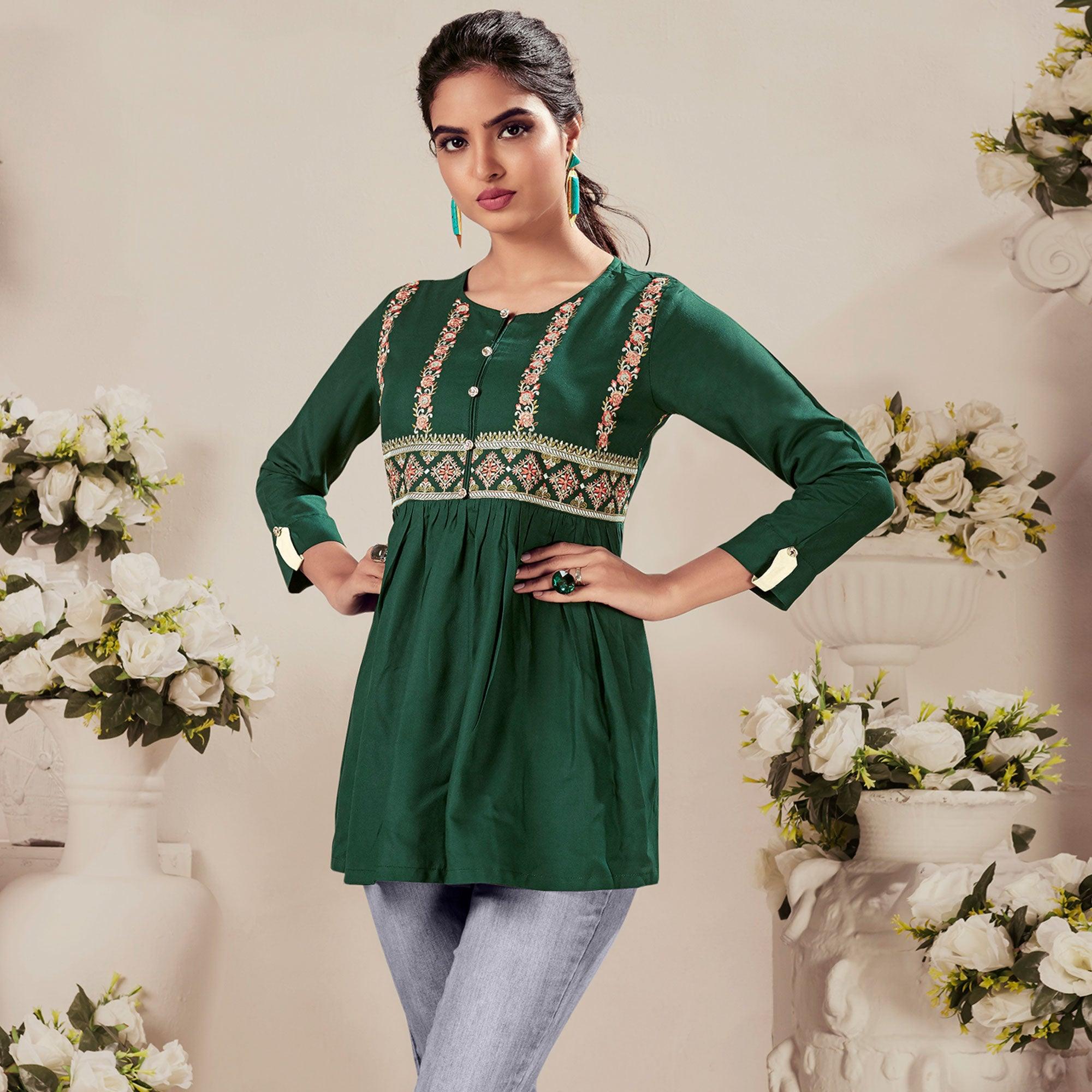 Green Casual Wear Floral Embroidered Rayon Top - Peachmode