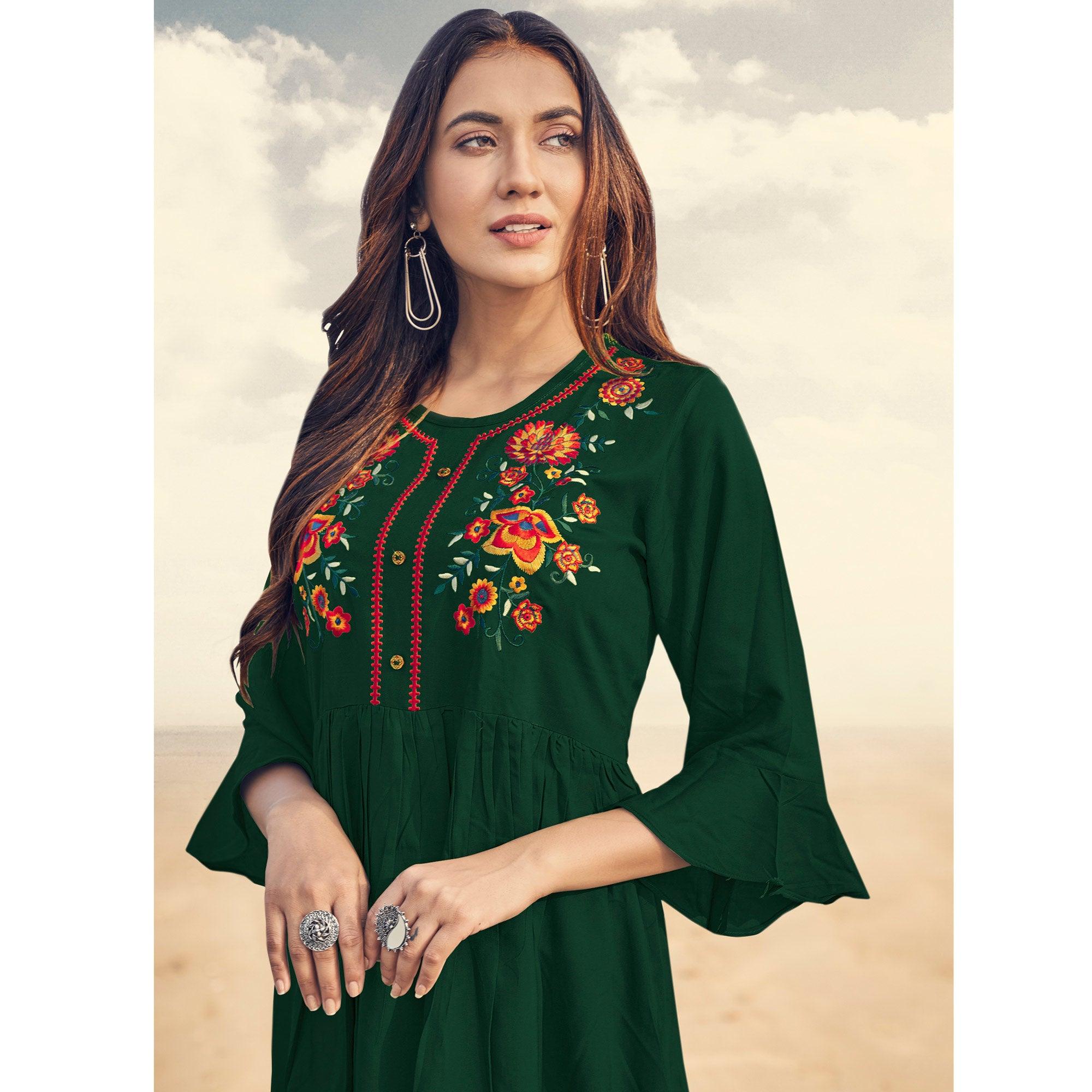 Green Casual Wear Floral Embroidered Rayon Top - Peachmode