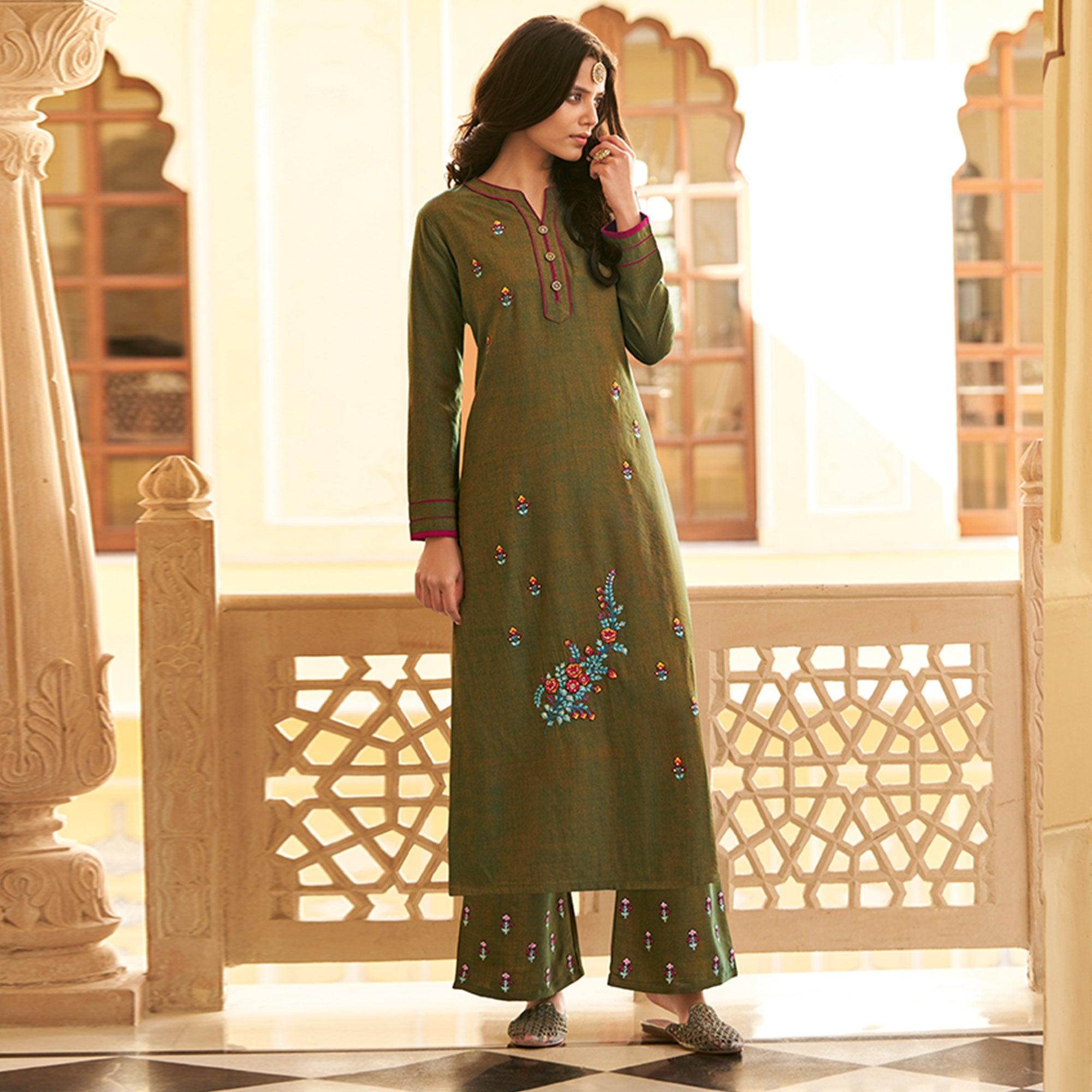 Green Casual Wear Floral Embroidered Silk Two Tone Palazzo Suit - Peachmode