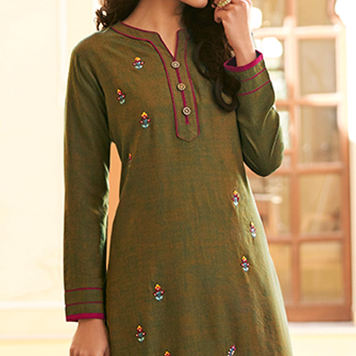 Green Casual Wear Floral Embroidered Silk Two Tone Palazzo Suit - Peachmode