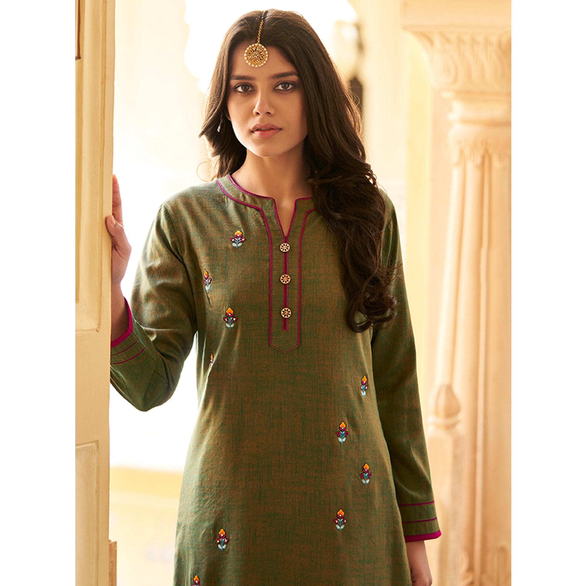Green Casual Wear Floral Embroidered Silk Two Tone Palazzo Suit - Peachmode