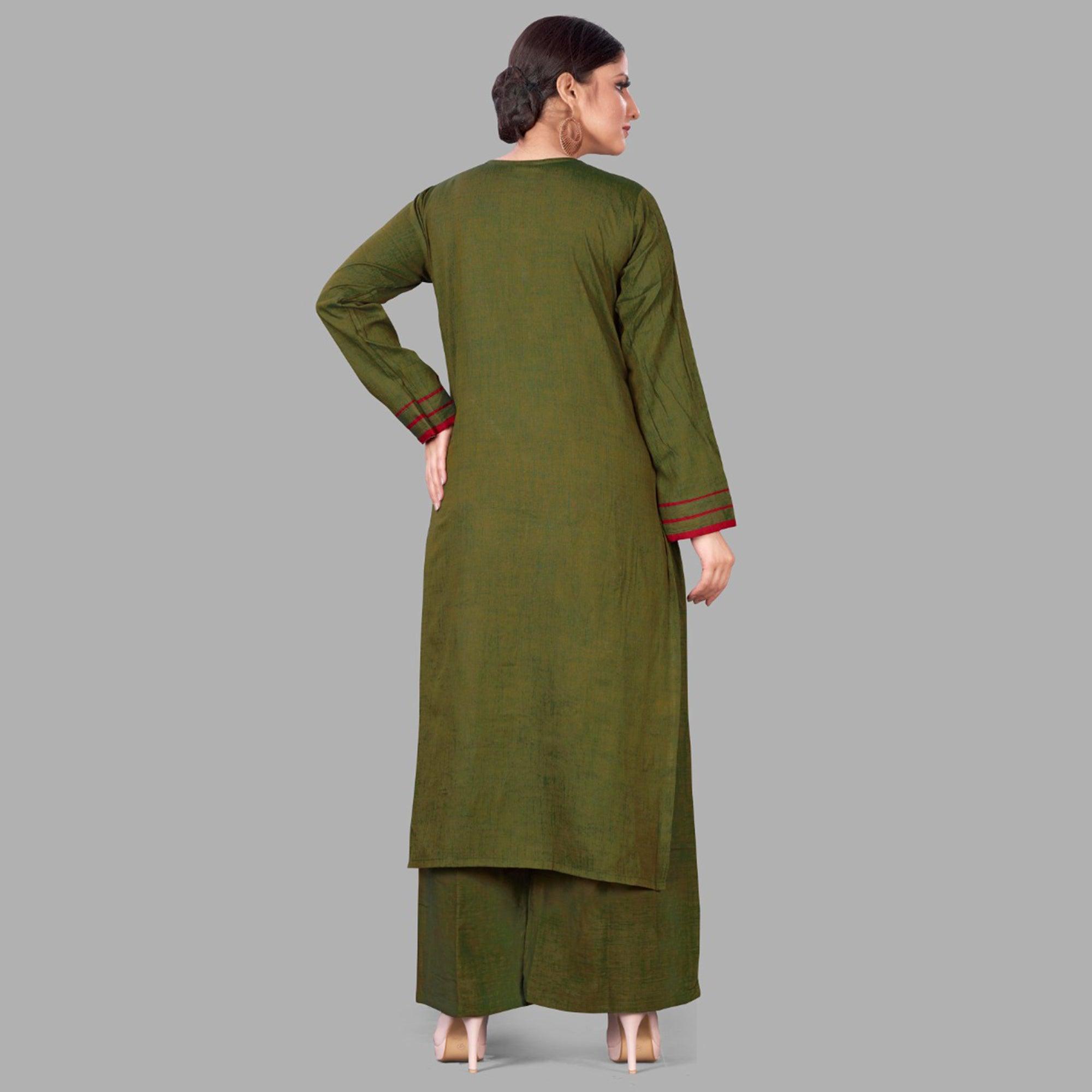Green Casual Wear Floral Embroidered Silk Two Tone Palazzo Suit - Peachmode