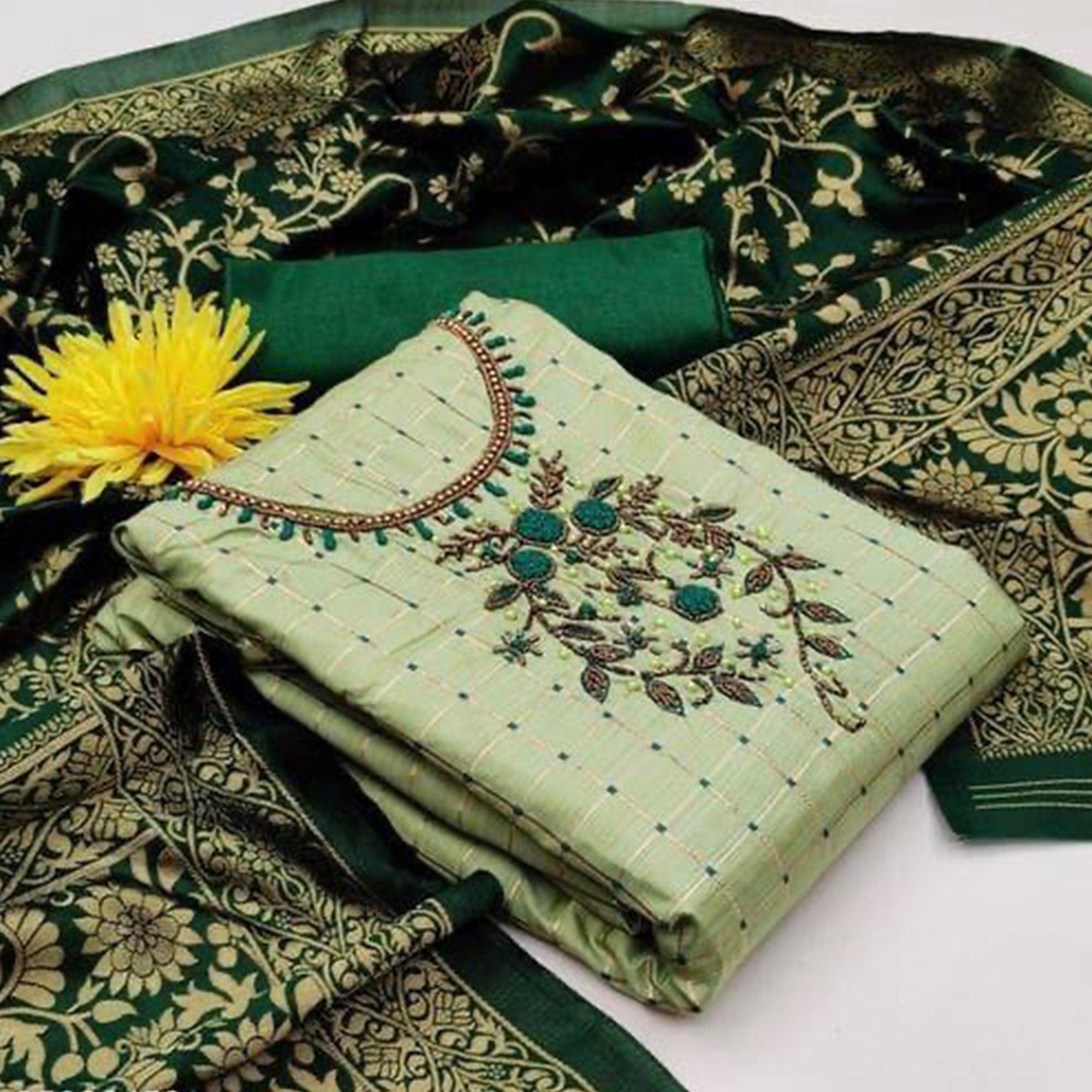 Green Casual Wear Floral Embroidered With Checks Banarasi Silk Dress Material - Peachmode