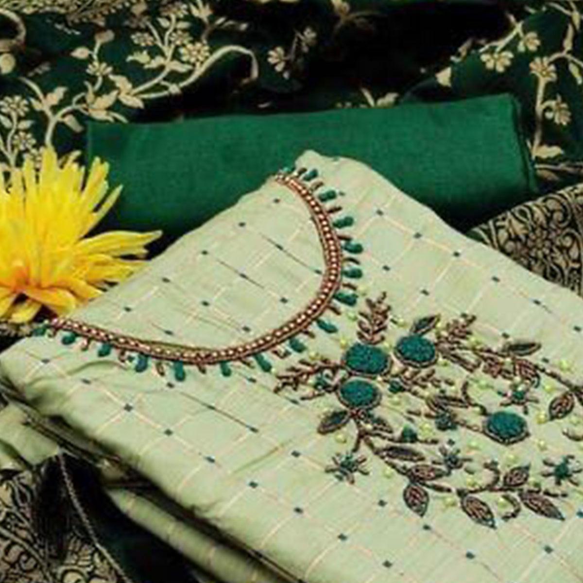 Green Casual Wear Floral Embroidered With Checks Banarasi Silk Dress Material - Peachmode