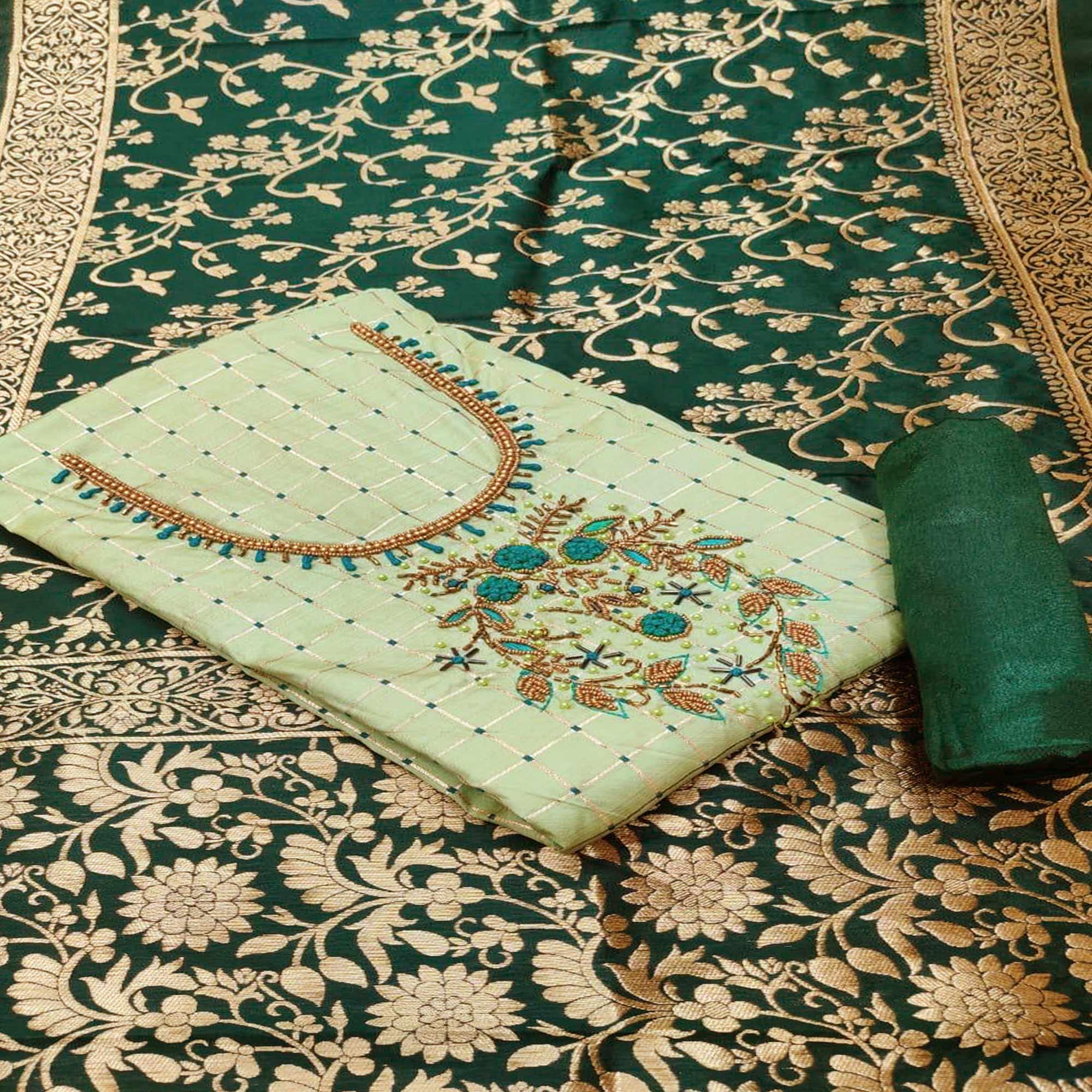 Green Casual Wear Floral Embroidered With Checks Banarasi Silk Dress Material - Peachmode