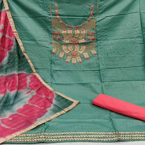 Green Casual Wear Floral Embroidery With Hand Work Cotton Dress Material - Peachmode