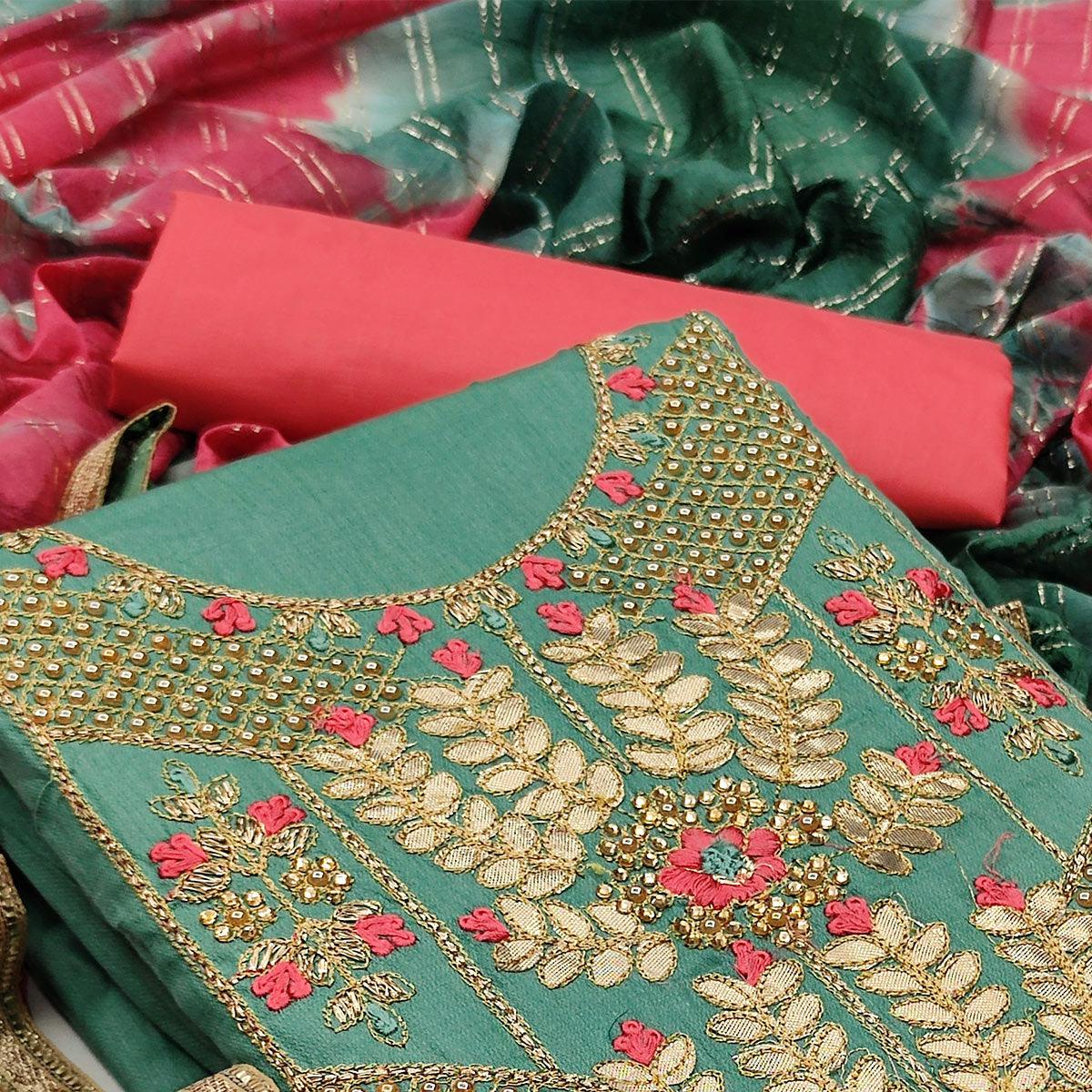 Green Casual Wear Floral Embroidery With Hand Work Cotton Dress Material - Peachmode