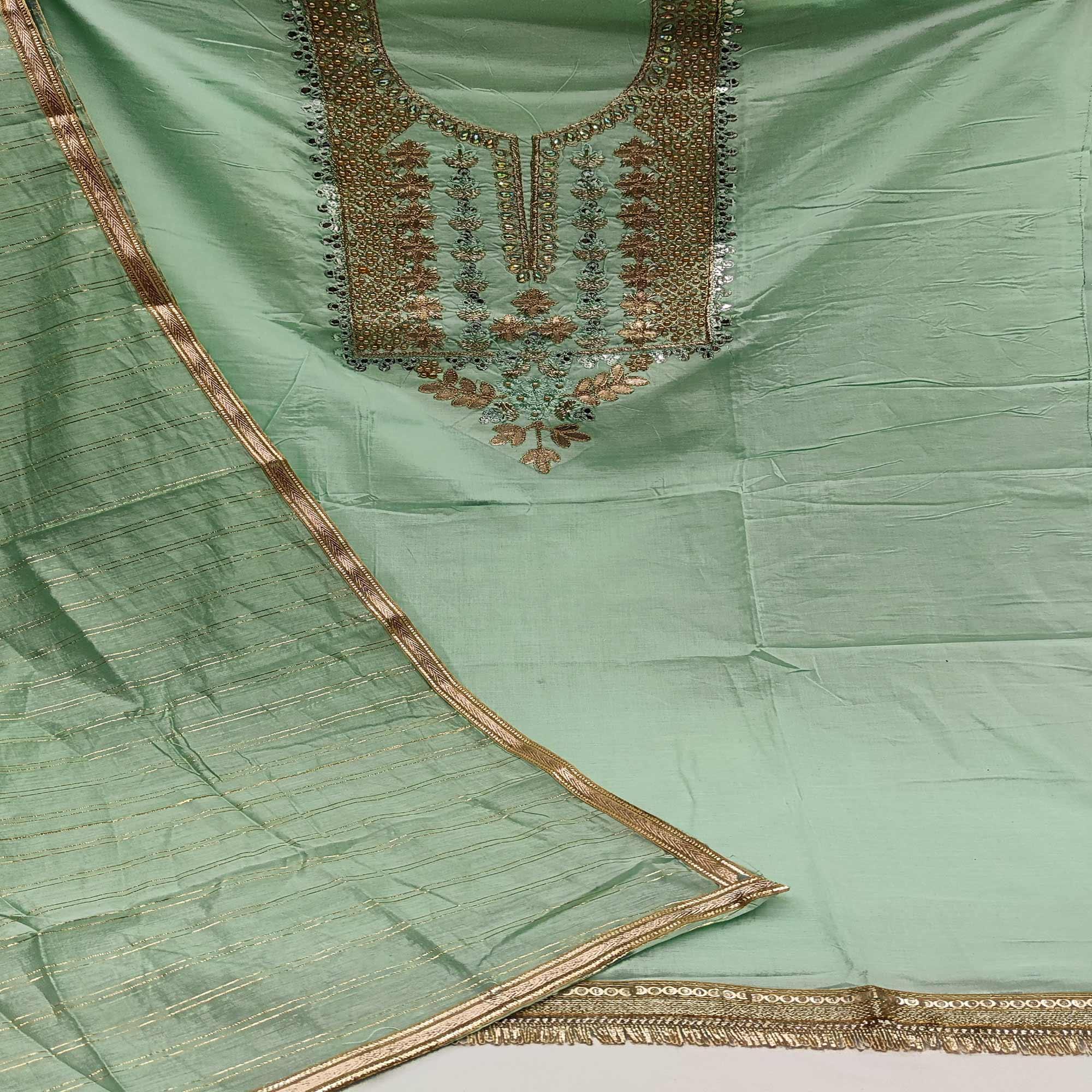 Green Casual Wear Floral Embroidery With Hand Work Modal Chanderi Dress Material - Peachmode