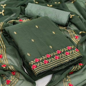 Green Casual Wear Floral Embroidery Work Georgette Dress Material - Peachmode