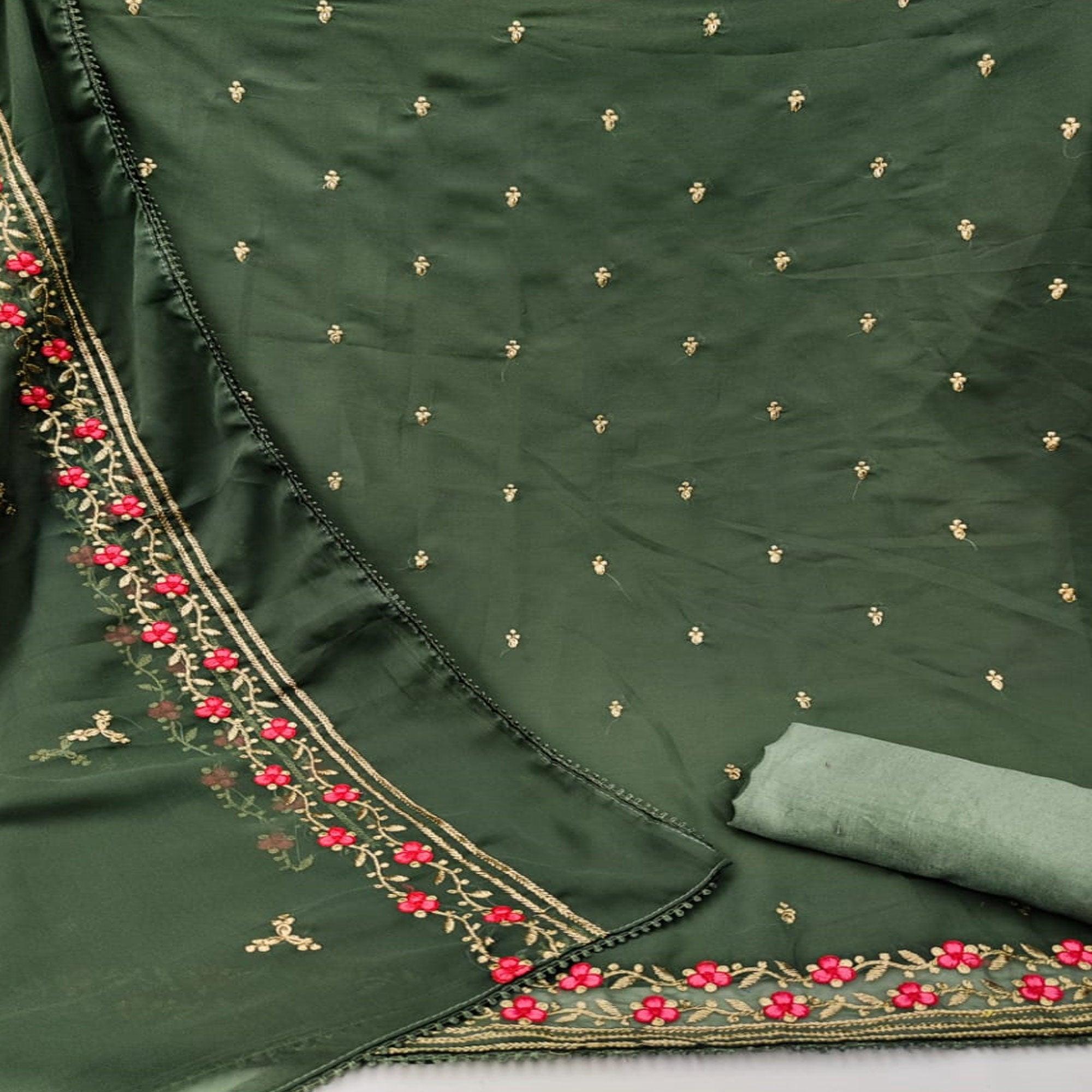 Green Casual Wear Floral Embroidery Work Georgette Dress Material - Peachmode