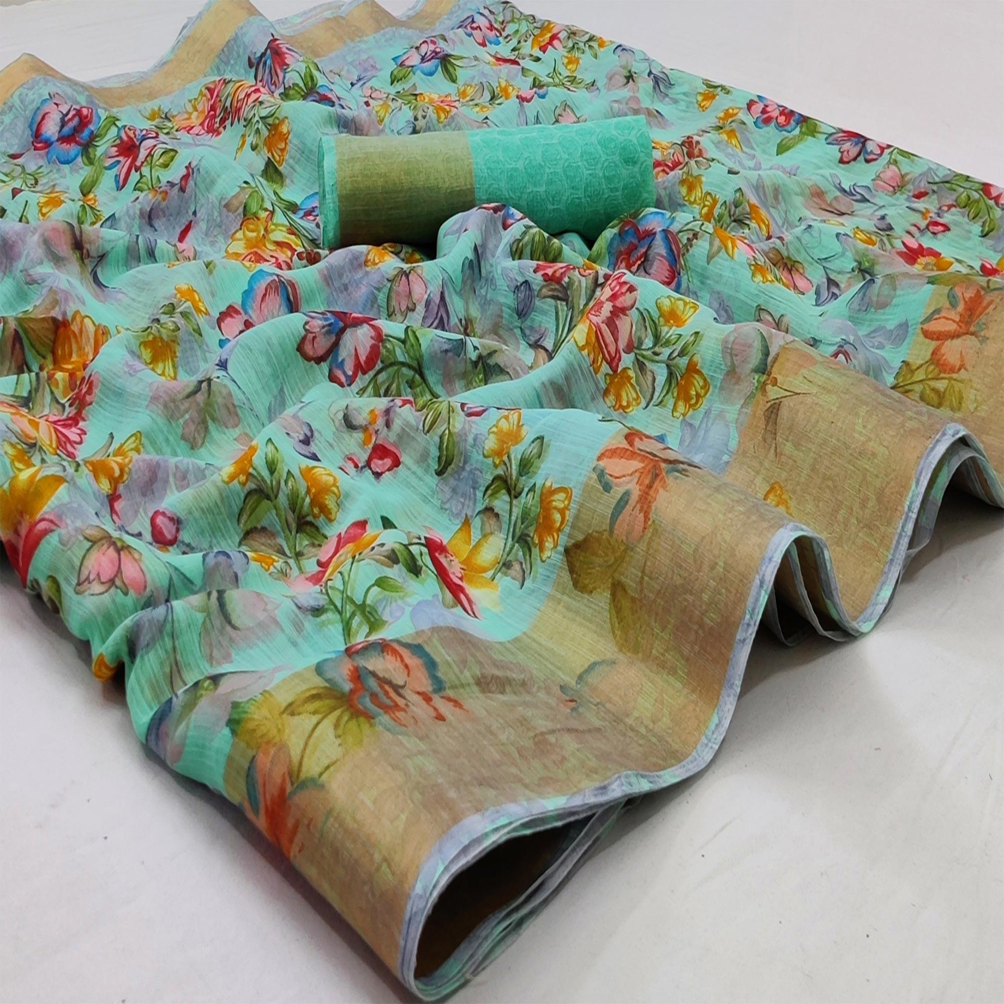Green Casual Wear Floral Mill Printed Cotton Saree With Zari Border - Peachmode