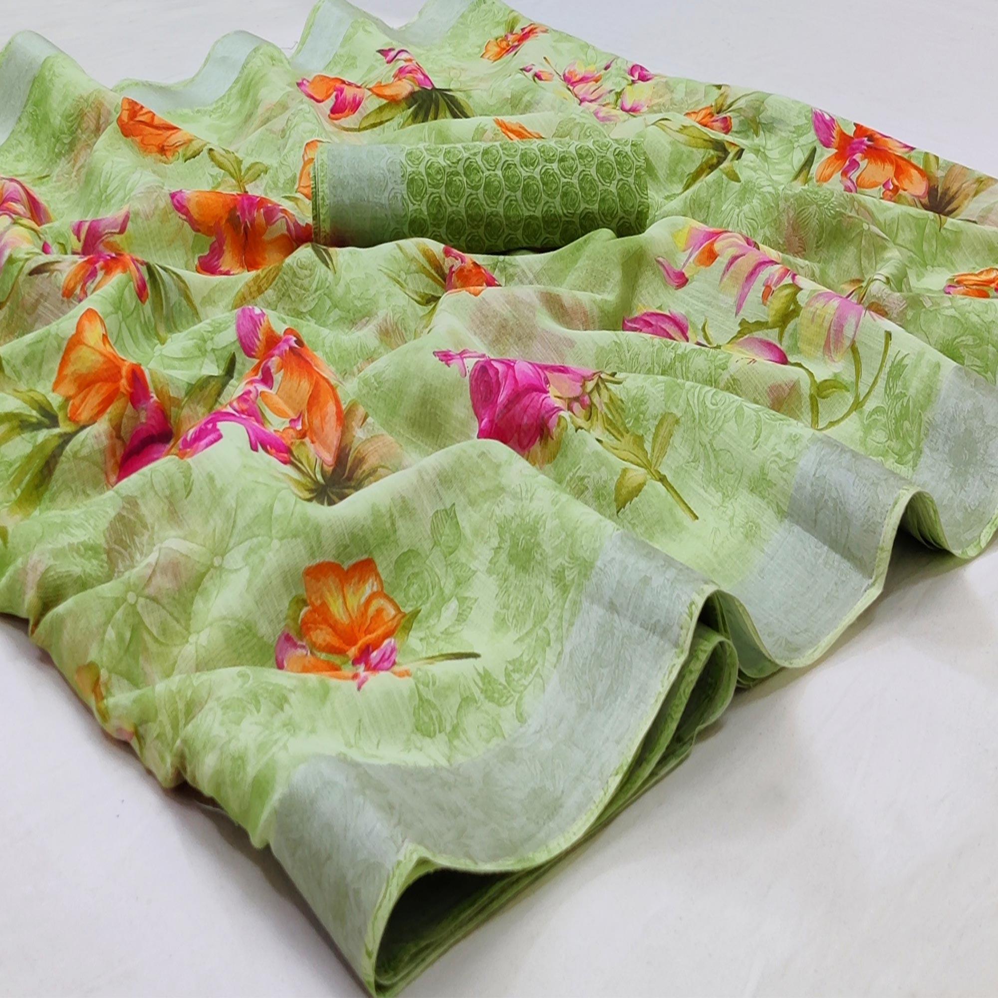 Green Casual Wear Floral Mill Printed Cotton Saree With Zari Border - Peachmode