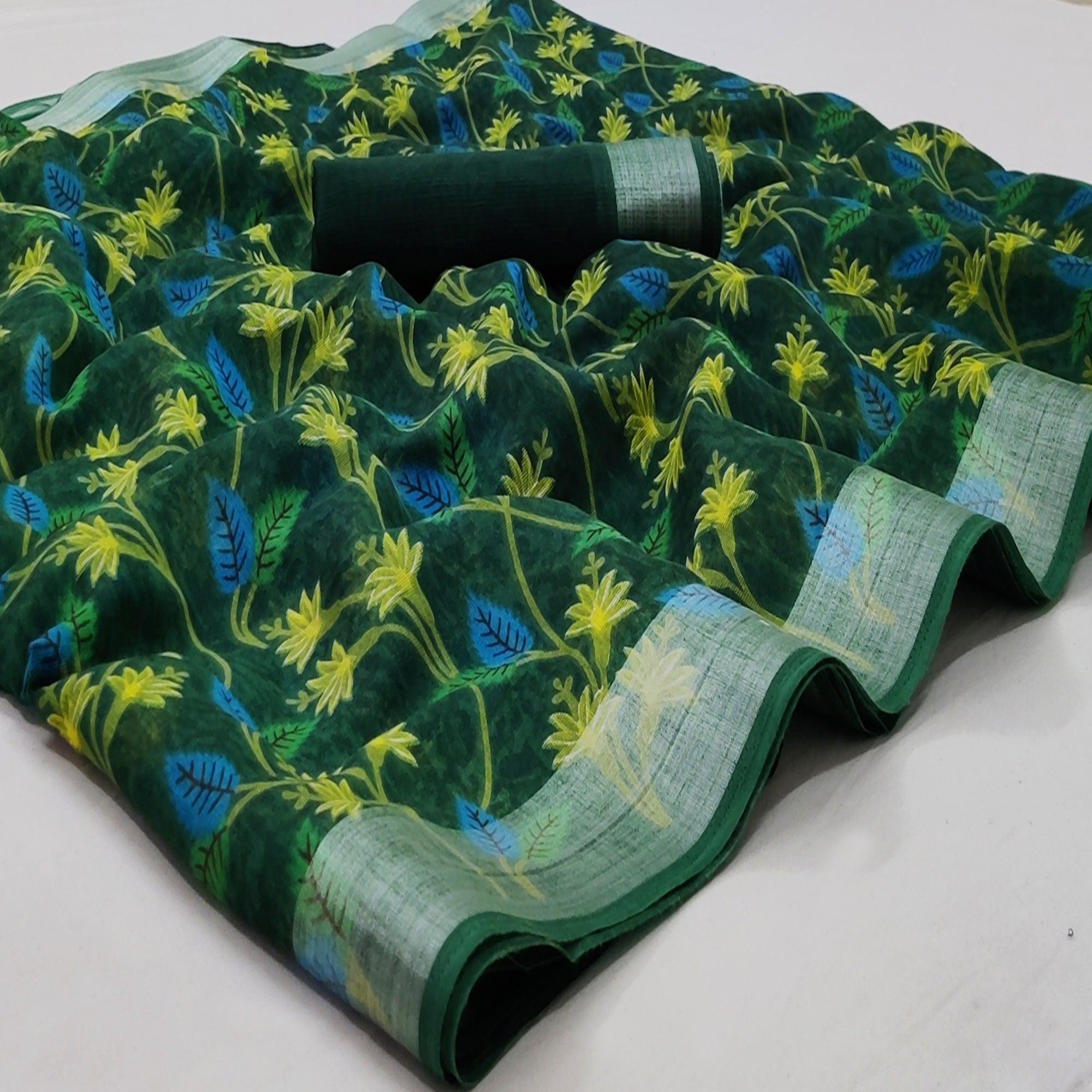Green Casual Wear Floral Mill Printed Cotton Saree With Zari Border - Peachmode