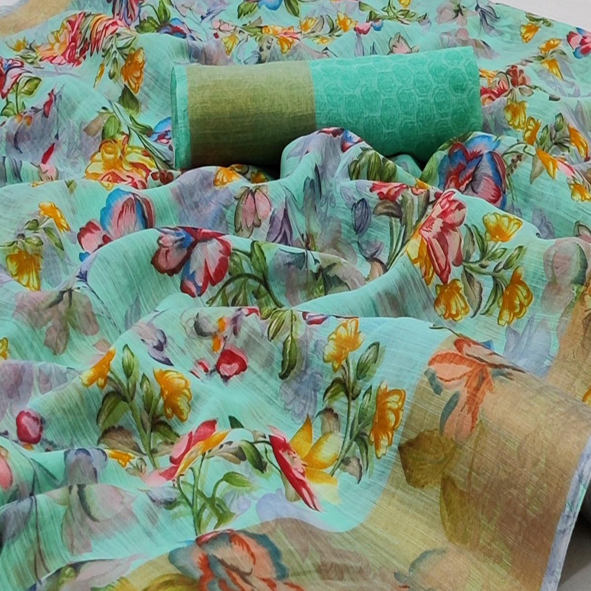 Green Casual Wear Floral Mill Printed Cotton Saree With Zari Border - Peachmode