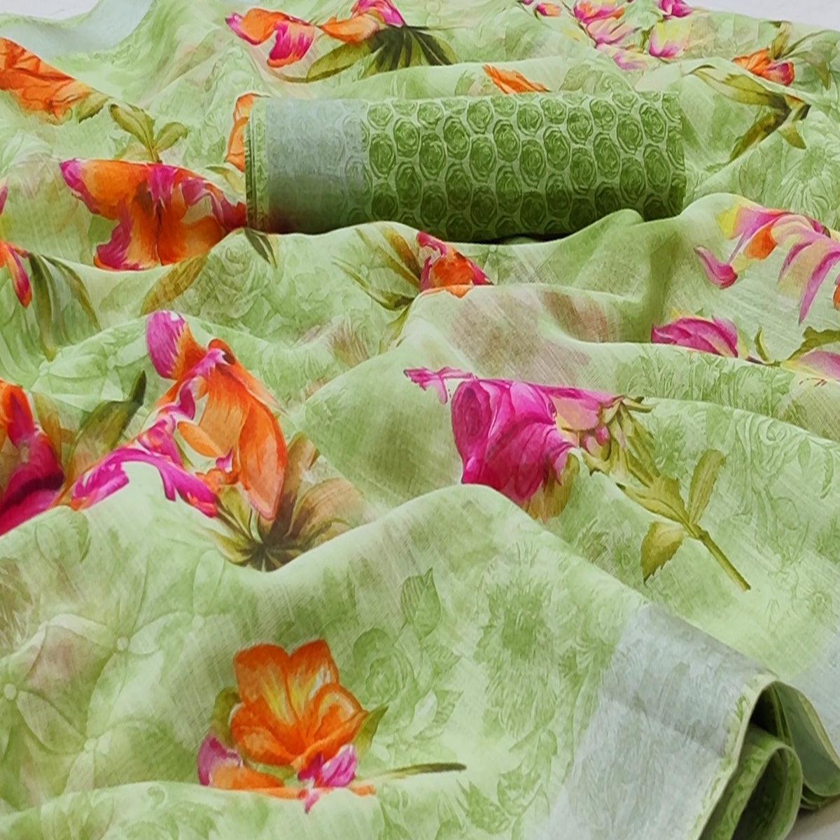 Green Casual Wear Floral Mill Printed Cotton Saree With Zari Border - Peachmode