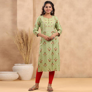 Green Casual Wear Floral Print With Sequence Rayon Kurti - Peachmode