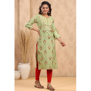 Green Casual Wear Floral Print With Sequence Rayon Kurti - Peachmode