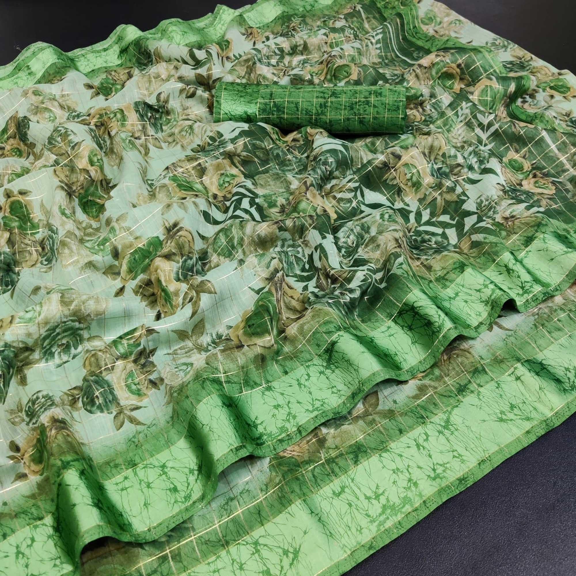 Green Casual Wear Floral Print With Zari Checks Cotton Saree - Peachmode