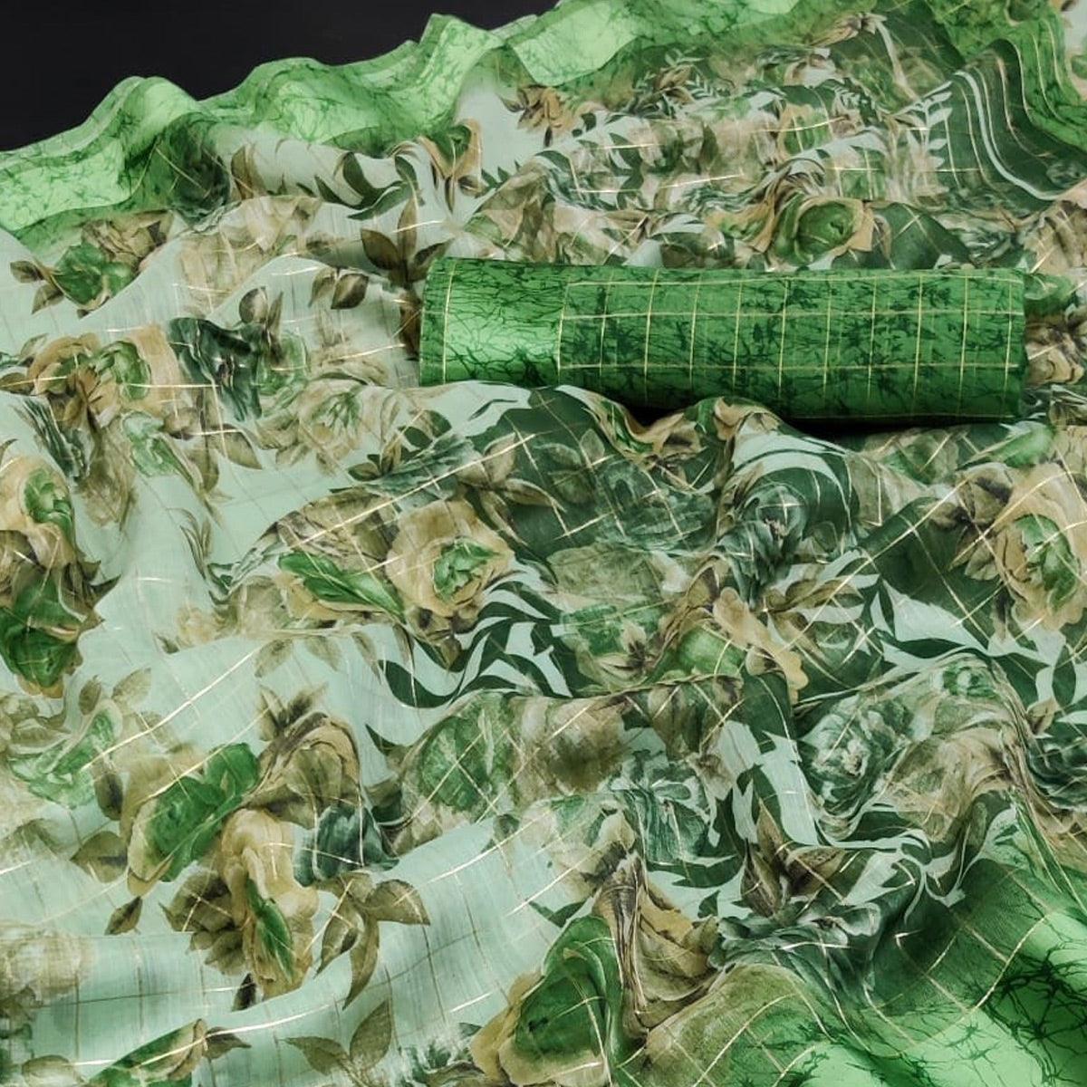 Green Casual Wear Floral Print With Zari Checks Cotton Saree - Peachmode