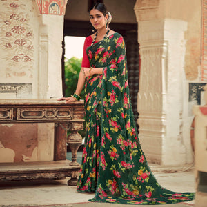 Green Casual Wear Floral Printed Alfino Saree With Fancy Diamond Lace - Peachmode