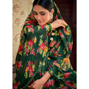Green Casual Wear Floral Printed Alfino Saree With Fancy Diamond Lace - Peachmode