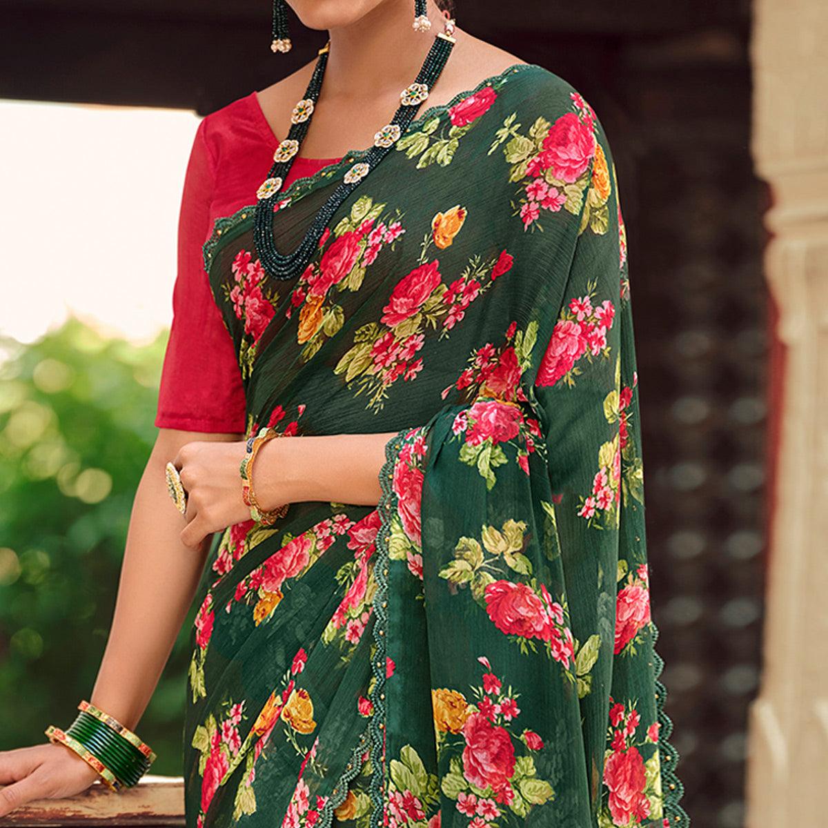 Green Casual Wear Floral Printed Alfino Saree With Fancy Diamond Lace - Peachmode