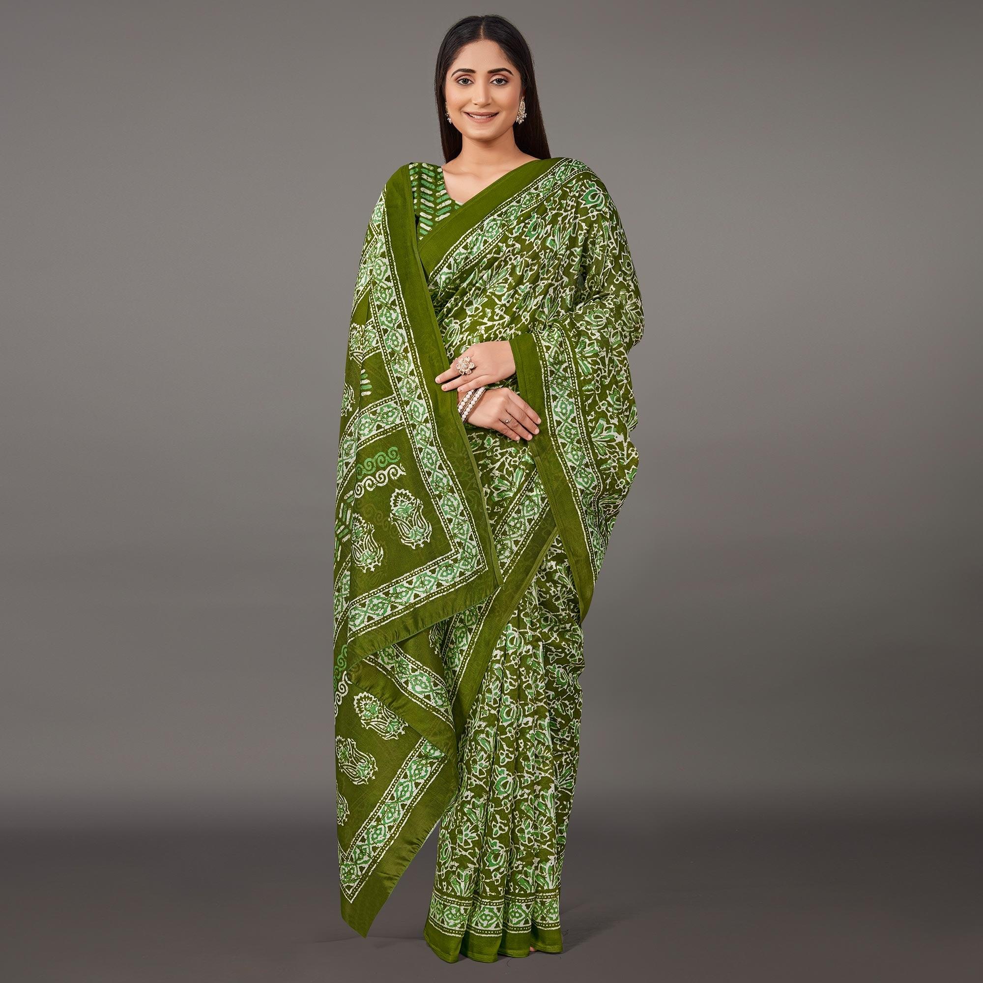 Green Casual Wear Floral Printed Art Silk Saree - Peachmode