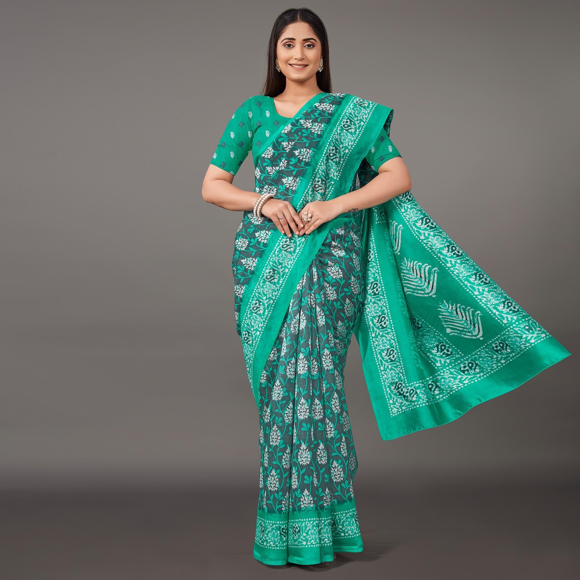 Green Casual Wear Floral Printed Art Silk Saree - Peachmode