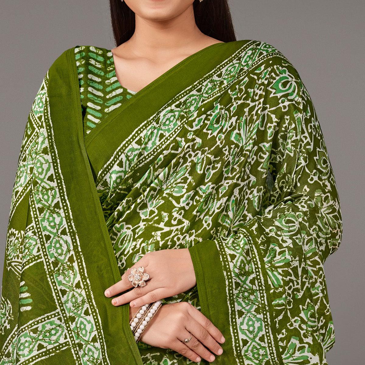 Green Casual Wear Floral Printed Art Silk Saree - Peachmode