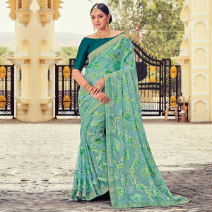 Green Casual Wear Floral Printed Brasso Saree - Peachmode