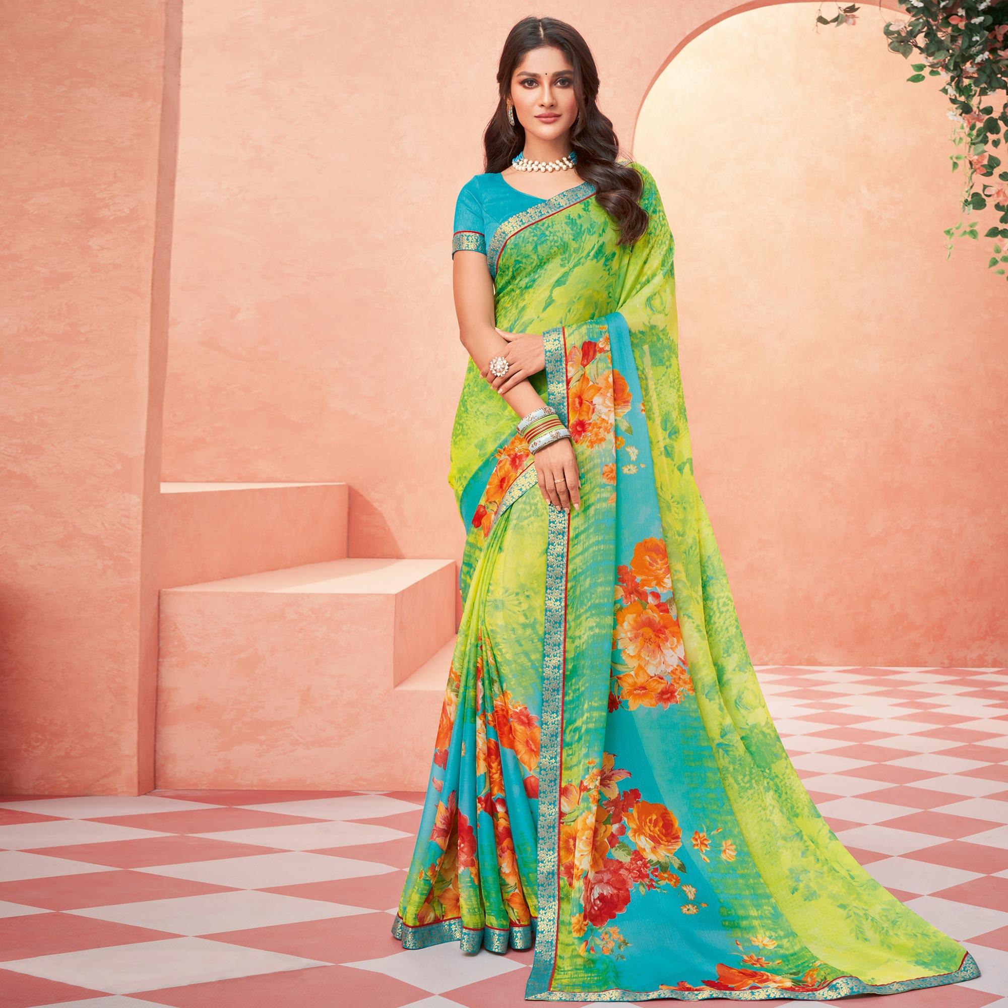 Green Casual Wear Floral Printed Chiffon-Banarsi Saree With Banarasi Border - Peachmode