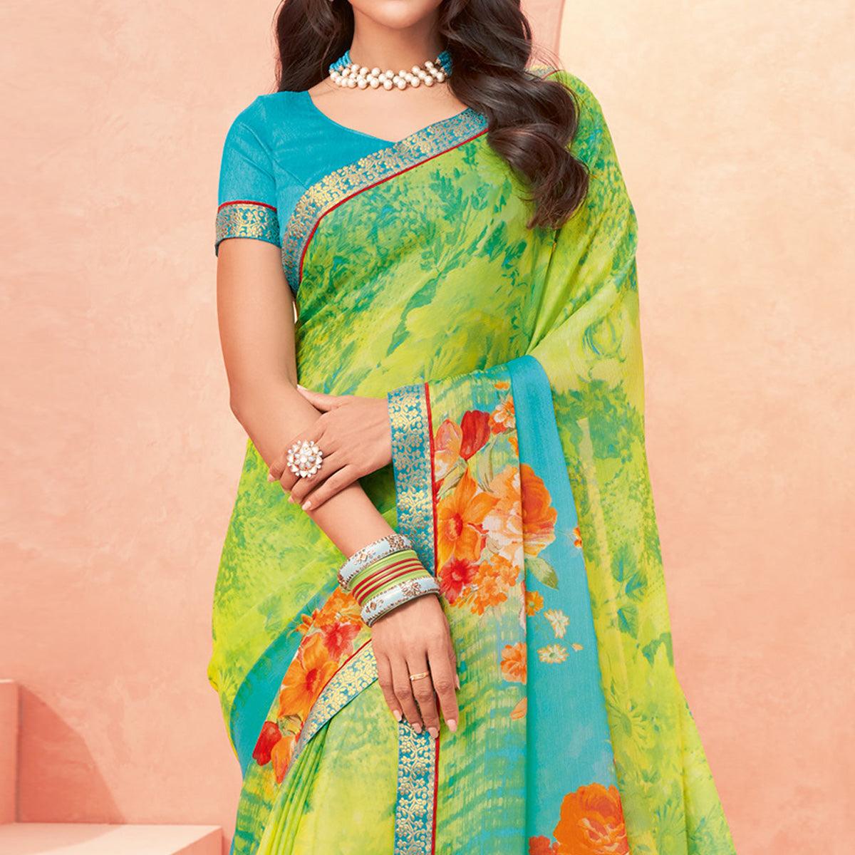 Green Casual Wear Floral Printed Chiffon-Banarsi Saree With Banarasi Border - Peachmode