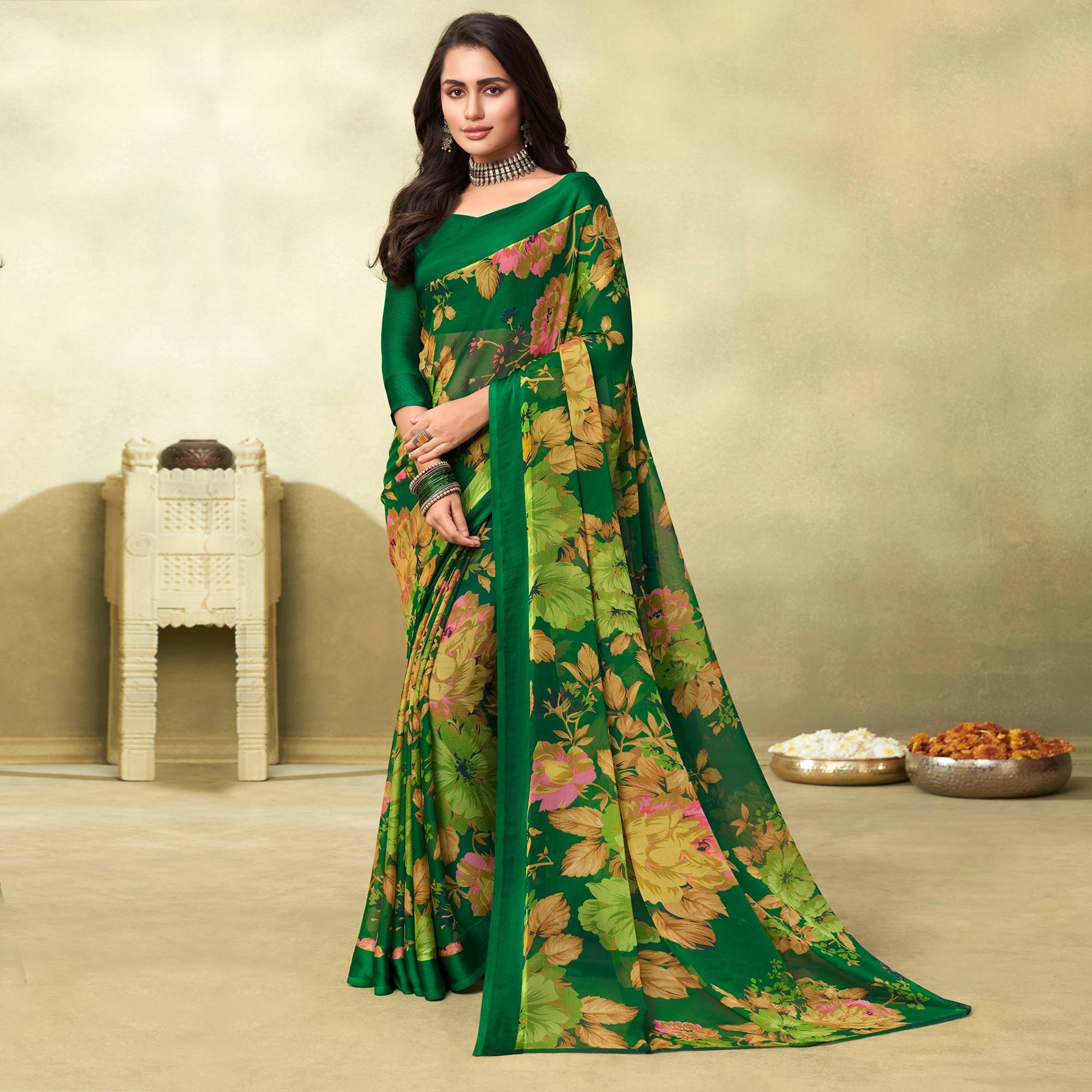 Green Casual Wear Floral Printed Chiffon Saree - Peachmode