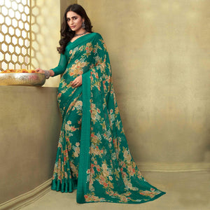 Green Casual Wear Floral Printed Chiffon Saree - Peachmode
