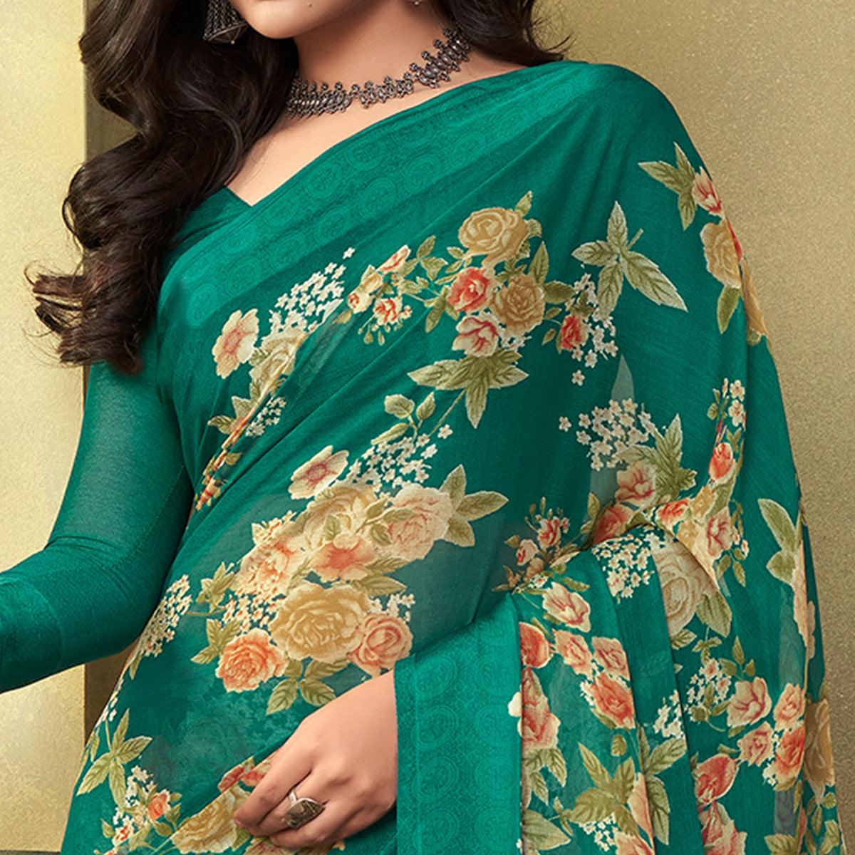 Green Casual Wear Floral Printed Chiffon Saree - Peachmode