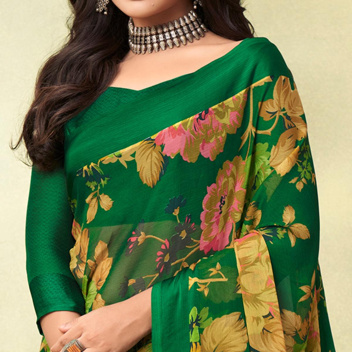 Green Casual Wear Floral Printed Chiffon Saree - Peachmode