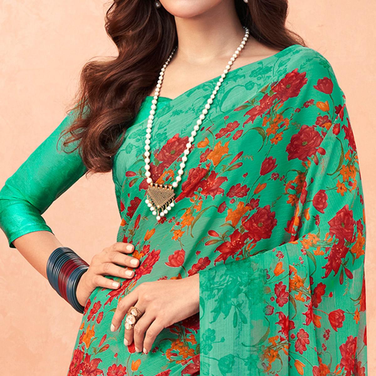 Green Casual Wear Floral Printed Chiffon Saree - Peachmode