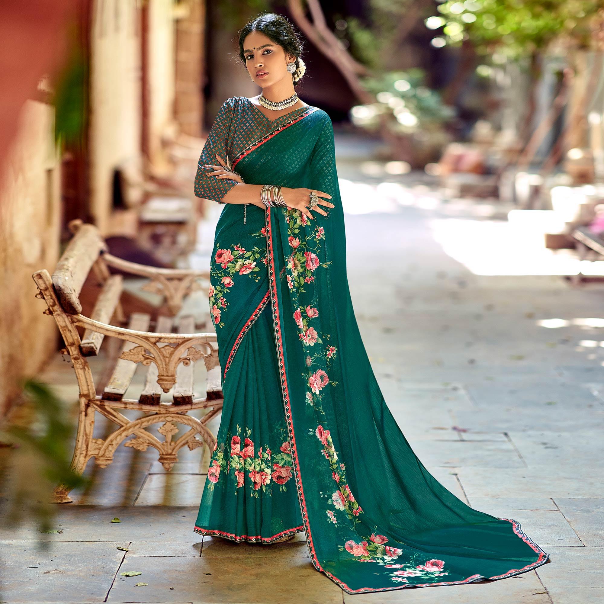 Green Casual Wear Floral Printed Chiffon Saree With Fancy Blouse - Peachmode