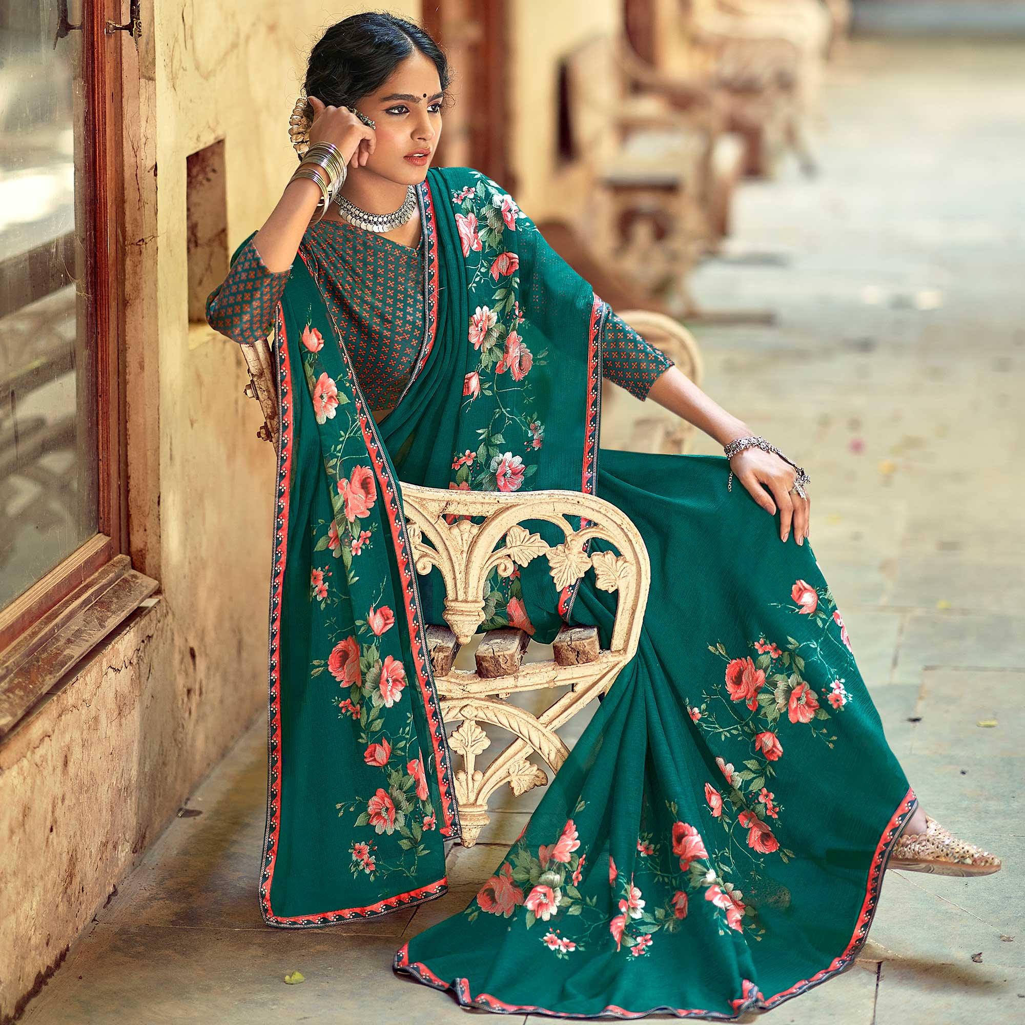 Green Casual Wear Floral Printed Chiffon Saree With Fancy Blouse - Peachmode