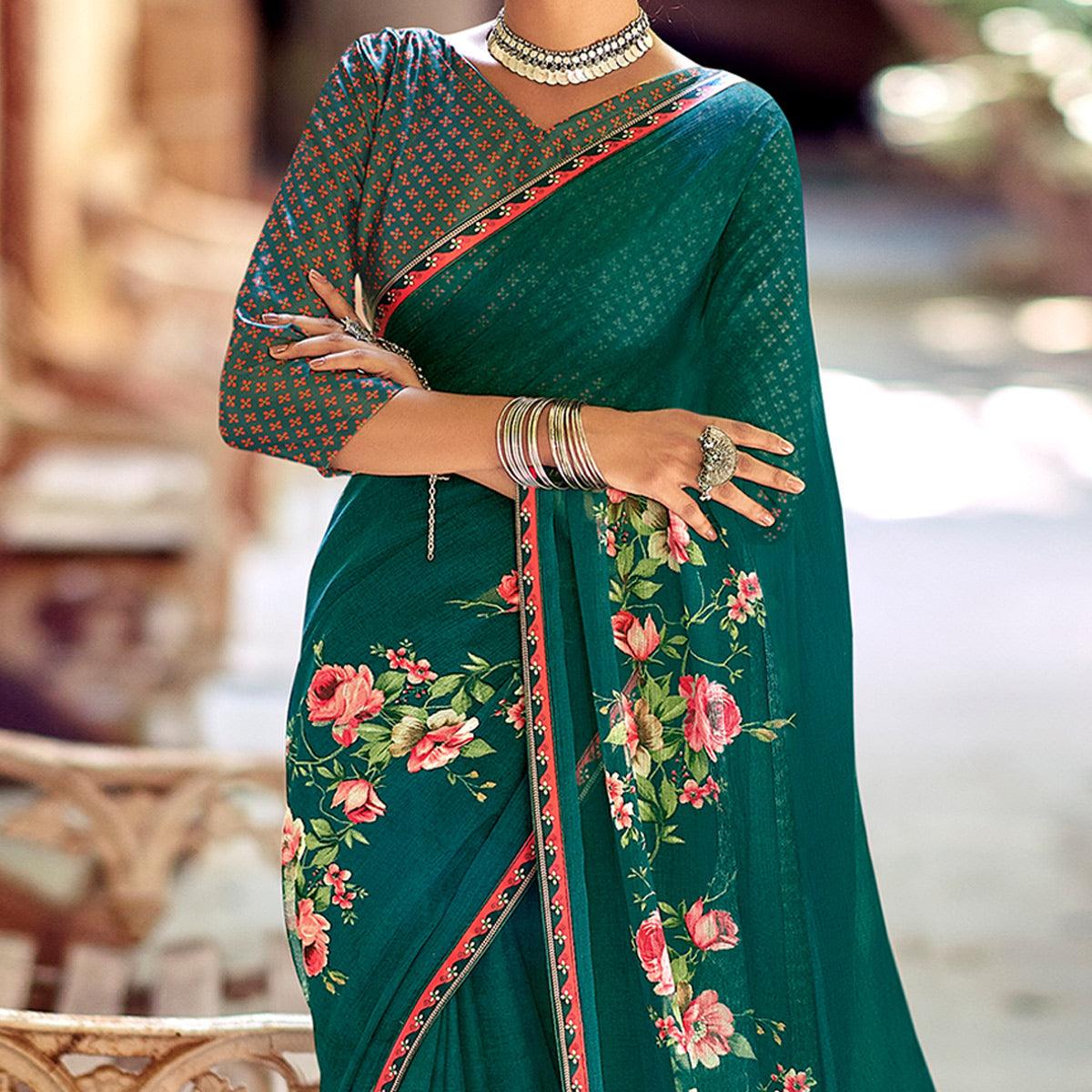 Green Casual Wear Floral Printed Chiffon Saree With Fancy Blouse - Peachmode