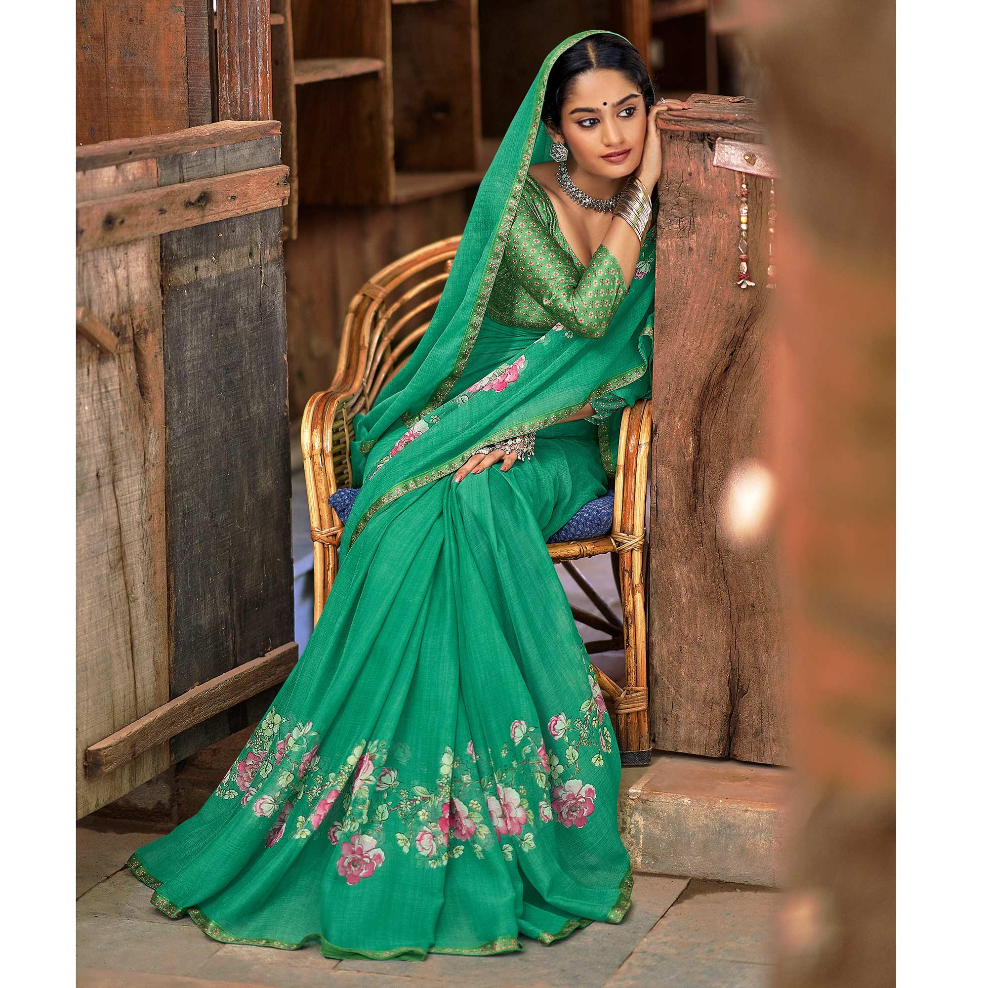Green Casual Wear Floral Printed Chiffon Saree With Fancy Blouse - Peachmode