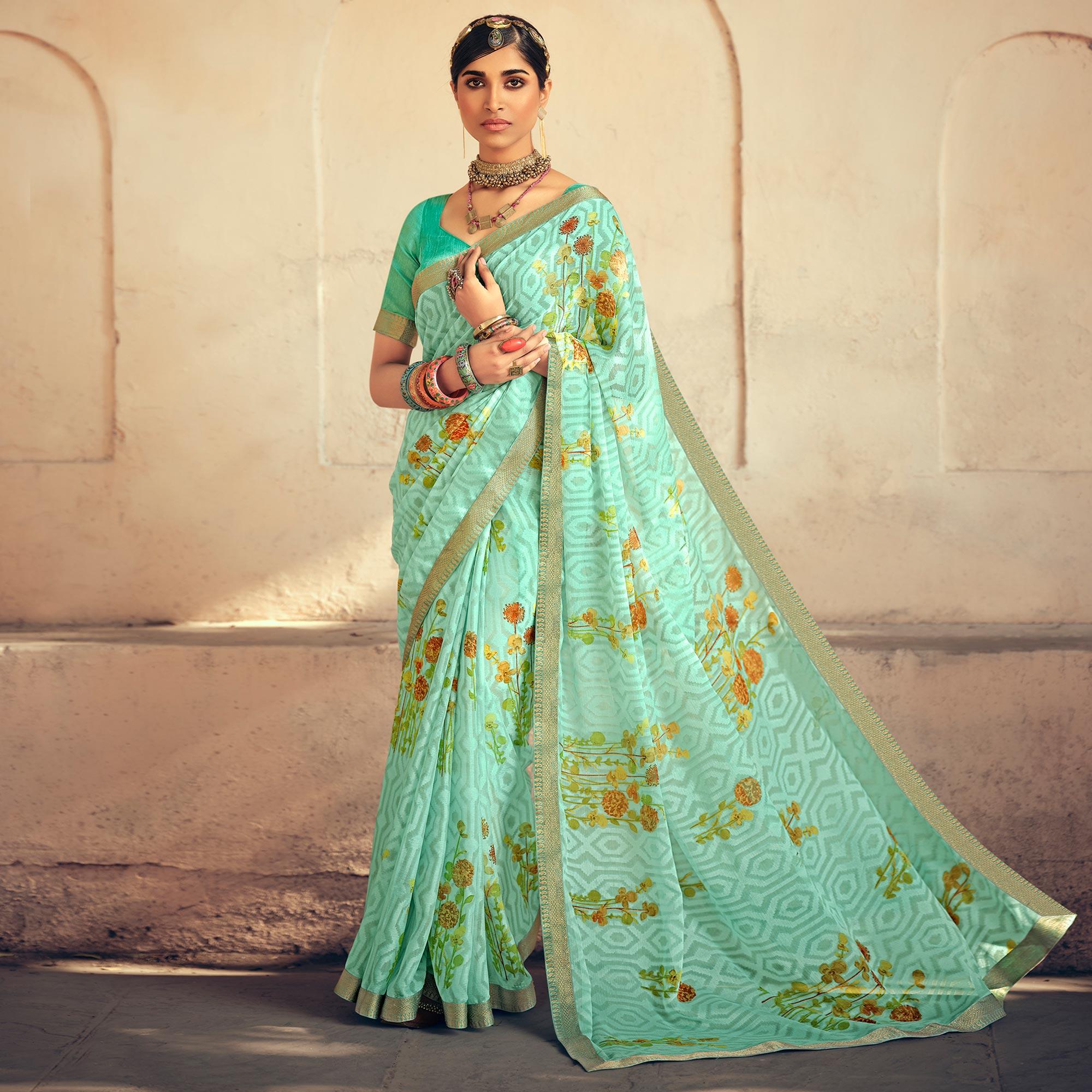 Green Casual Wear Floral Printed Chiffon Saree With Fancy Lace - Peachmode