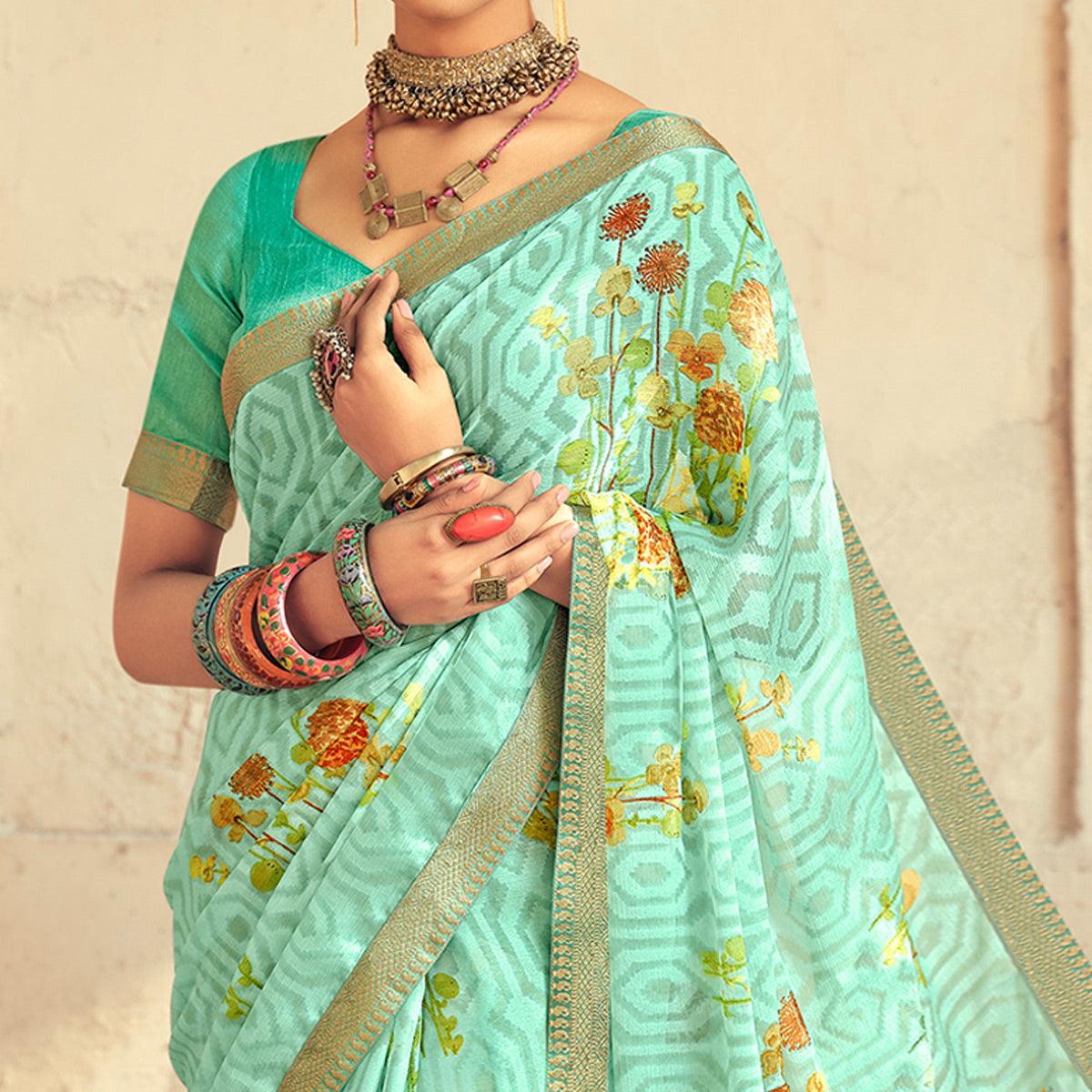 Green Casual Wear Floral Printed Chiffon Saree With Fancy Lace - Peachmode