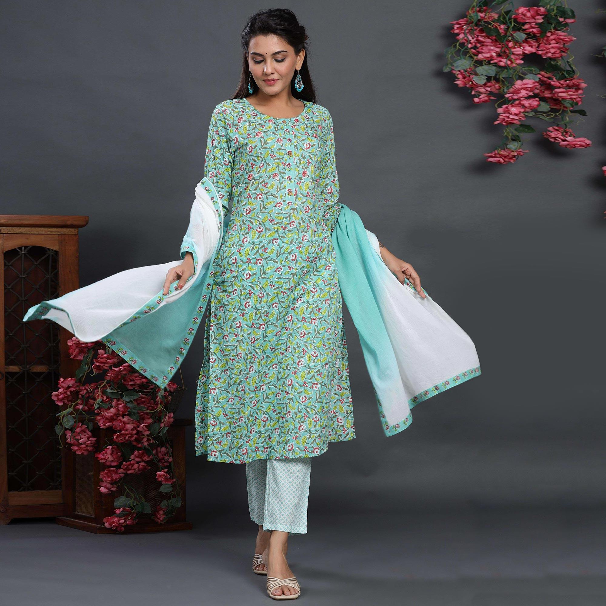 Green Casual Wear Floral Printed Cotton Kurti - Pant Set With Dupatta - Peachmode