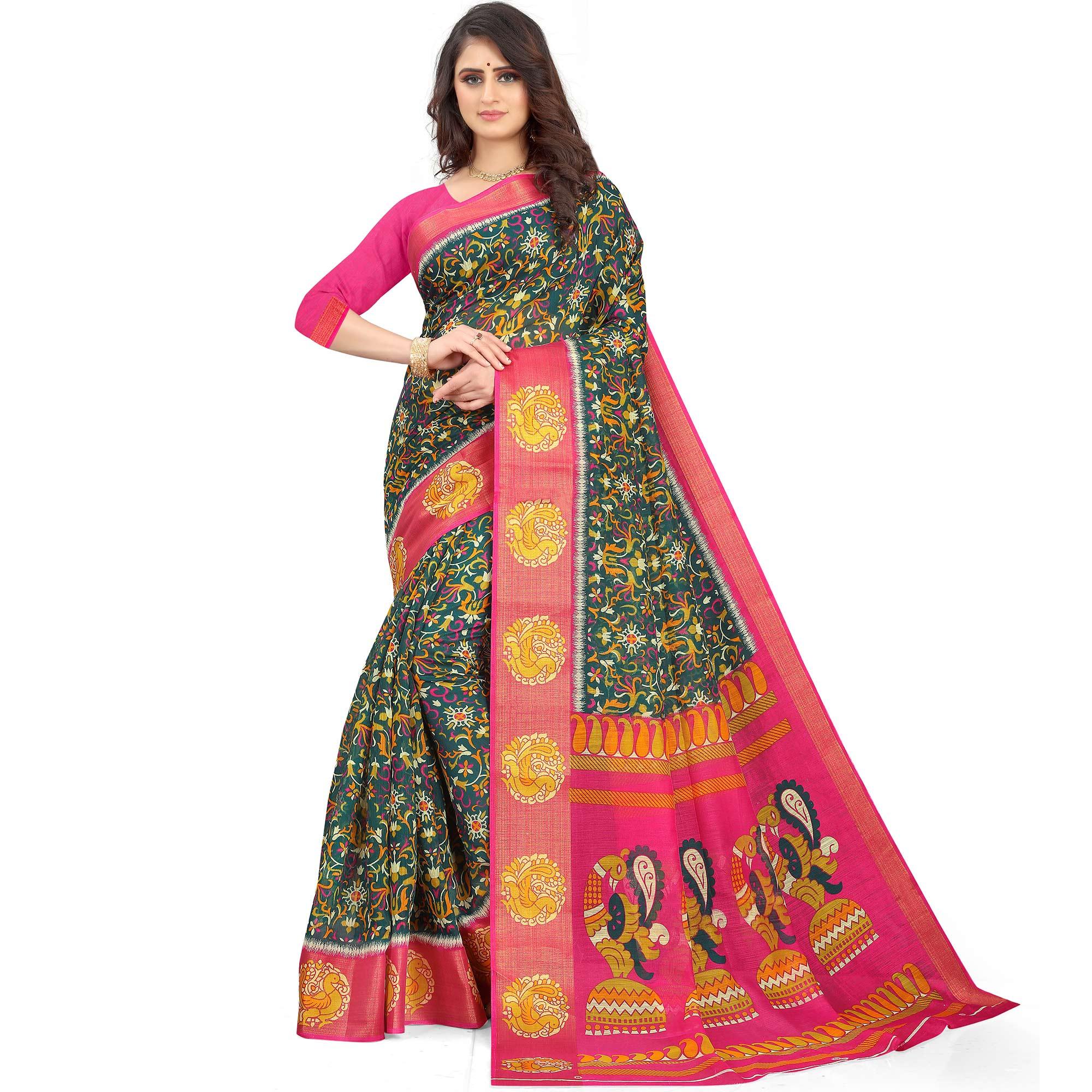 Green Casual Wear Floral Printed Cotton Linen Saree - Peachmode